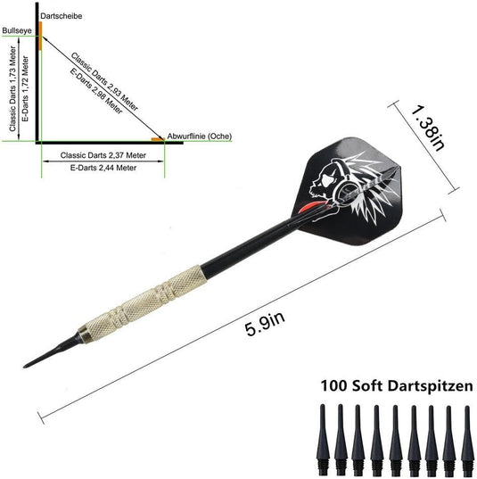 Illustratie van een dart met gelabelde afmetingen en onderdelen, met een schedelontwerp op de vlucht, en een reeks van 100 premium Softtip dartpijlen-sets hieronder weergegeven.