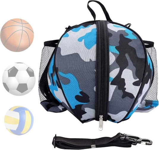 Een duurzame, blauwe basketbal met camouflagepatroon met grote capaciteit, met een basketbal, voetbal en volleybal ernaast weergegeven