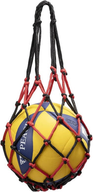 Een gele en blauwe volleybal vastgezet in een De ideale ballentas voor elke sporter met een trekkoordsluiting.