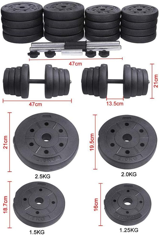 Set zwarte halterschijven met verschillende maten en gewichtsaanduidingen weergegeven, perfect voor het trainen van armen, schouders en rug.

Productnaam: De perfecte halterset voor krachttraining thuis