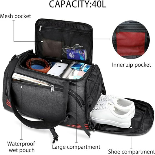 Kenmerken van de perfecte sporttas voor elke gelegenheid, 40l, met aangewezen compartimenten voor schoenen, elektronica en een waterdichte tasje.
