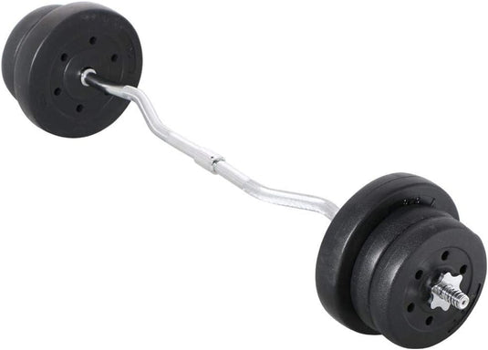 Een zwart en zilver De perfecte SZ curlstang voor een sterkere biceps, verstelbaar met gewichten aan beide uiteinden, ideaal voor professionele bicepstraining.