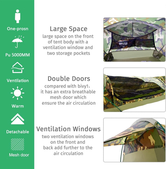 Promotionele afbeelding met kenmerken van de ultieme ultralichte 1-persoons waterdichte persoonlijke BIVY-tent, waaronder een grote ruimte, dubbele deuren, warme ventilatie en afneembare gaasdeuren vanuit meerdere hoeken bekeken. De tent is ook geschikt voor verbeterde kampeerervaringen.