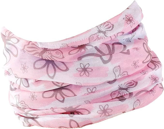 Een roze stoffen haarband met bloemenmotief op een witte achtergrond, gemaakt van De ultieme multifunctionele doek voor elke gelegenheid materiaal.