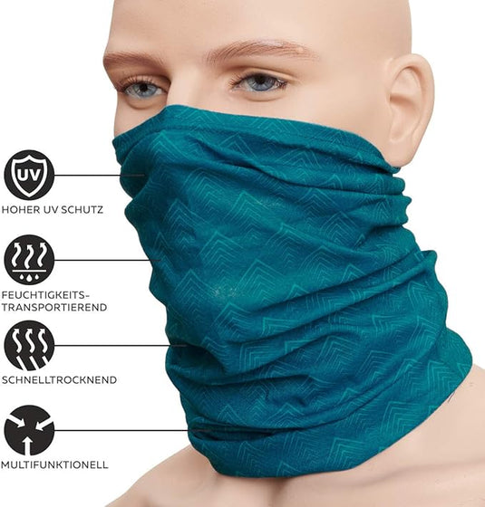 Een mannequin hoofd draagt een turquoise De ultieme multifunctionele doek voor elke gelegenheid met verschillende productkenmerken gespecificeerd, inclusief uv-bescherming, geautoriseerd en