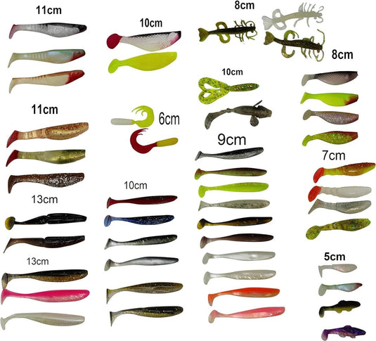 Verscheidenheid aan De ultieme roofvissenset voor elke visser kunstaas in verschillende vormen, maten en kleuren, variërend van 5 cm tot 13 cm, weergegeven op een witte achtergrond.