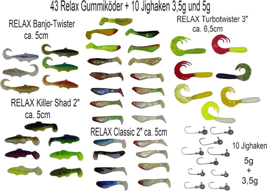 Een scala aan divers kunstaas, waaronder De ultieme roofvissenset voor elke visser en DropShot haken, gelabeld op type en maat, weergegeven in meerdere kleuren en designs.