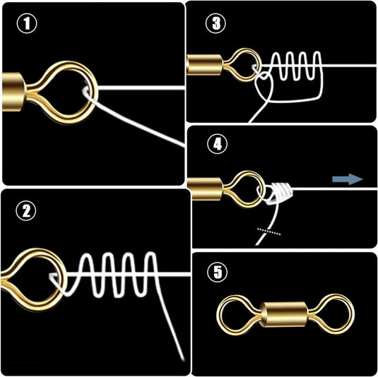 Stapsgewijze illustratie van hoe je een knoop legt met een touw en een haak, waarin het proces van draadsnijden tot aanspannen wordt getoond met behulp van De ultieme viswervels voor elke visser.