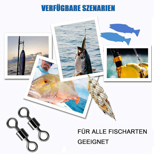 Collage van visafbeeldingen inclusief hengels, kunstaas en een gevangen vis, met illustraties van vis en visuitrusting, getiteld "verfügbare szenarien" in het Duits en met De ultieme viswervels voor elke visser.