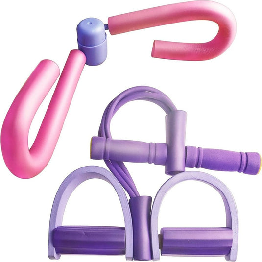 Een set roze en paarse pilates weerstandsbanden gemaakt van Dikke dijen? Verander ze in sterke en slanke benen met onze dijbeen trainer!