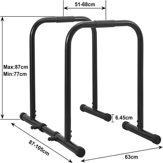 Verstelbaar zwart metalen dipstation met aangegeven afmetingen, ideaal voor thuis trainen en spieren opbouwen.