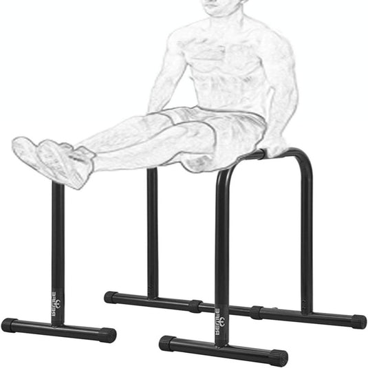 Illustratie van een persoon die een dip-oefening uitvoert op een dipstation: Verbeter je conditie en bouw spieren op met dit multifunctionele dipstation om thuis te trainen.