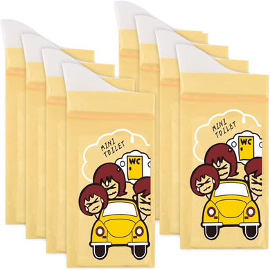 Pak mini-toilettassen voor eenmalig gebruik van superabsorberend polymeerpapier, met een cartoonontwerp met karakters in een gele auto met het opschrift 