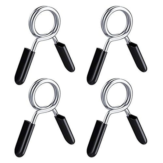 Vier veerbelaste handgreep-halterklemmen met zilveren spoelen en zwarte handgrepen, symmetrisch gerangschikt op een witte achtergrond.