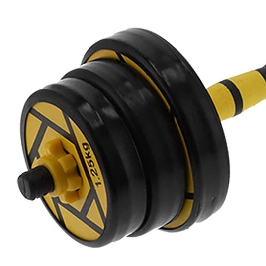 Antislip verstelbare dumbbells set met zwarte en gele kleurstelling, gewicht gemarkeerd als 12,5 kg, ontworpen voor krachttraining.
