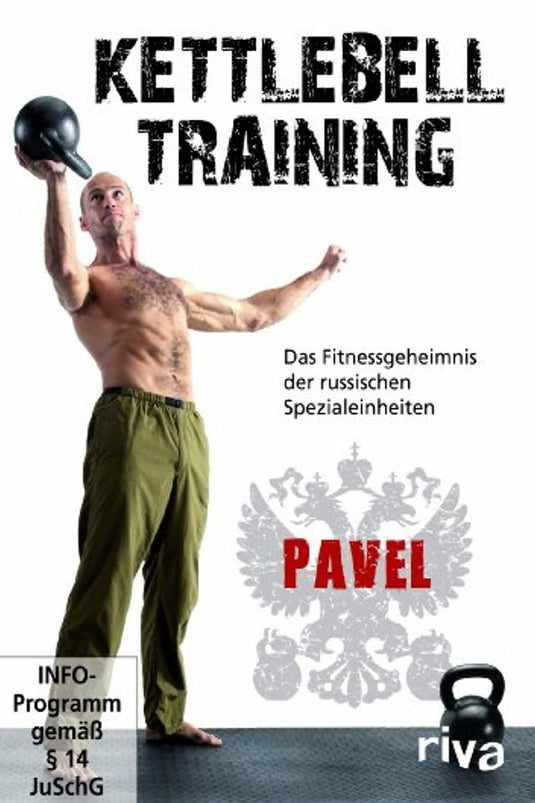 Man met een kettlebell met de titel "DVD - Kettlebell-Training: Das Fitnessgeheimnis der russischen Spezialeinheiten", wat instructieve inhoud over fitness met kettlebells suggereert.