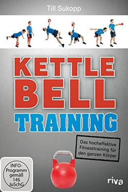 Zin met productnaam: DVD - Kettlebell-Training: De hoge fitnesstraining voor de Ganzen Körper met rode kettlebell, opeenvolgende afbeeldingen van een persoon die oefeningen uitvoert en een grijze tekstachtergrond.