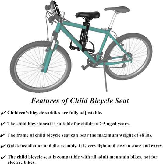 Een infographic die het Een avontuurlijk fietsuitje toont met het perfecte kinderzadel op stang, waarbij kenmerken worden benadrukt zoals geschiktheid voor de leeftijd, gewichtscapaciteit en compatibiliteit met fietsen voor volwassenen.