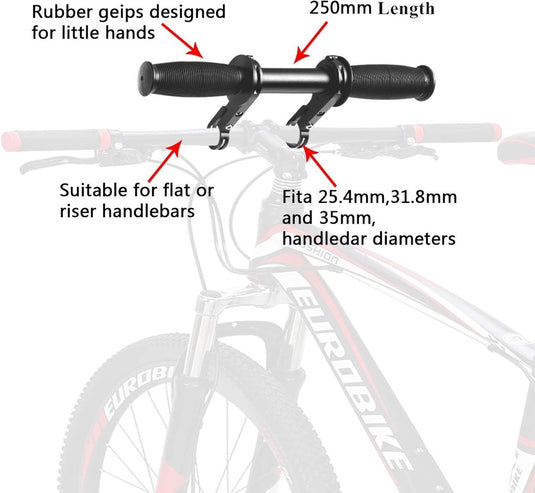 Illustratief diagram van een fietsstuur met de nadruk op de rubberen handvatten en de compatibiliteit met verschillende stuurdiameters, waaronder die van een Een avontuurlijk fietsuitje met de perfecte kinderzadel op stang.