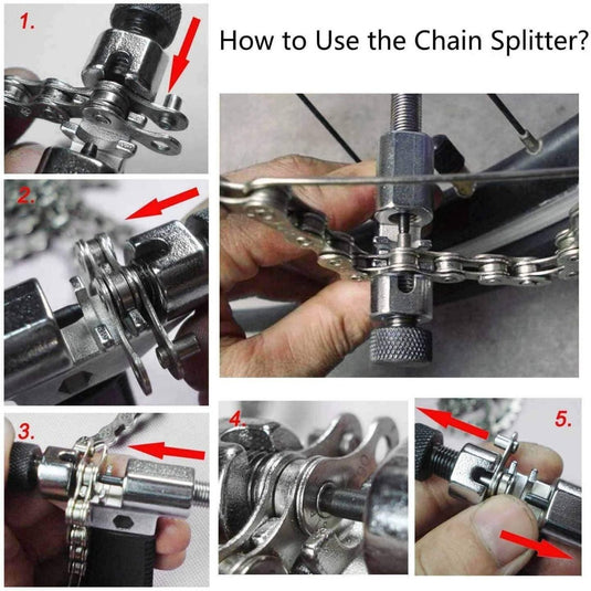 Stap-voor-stap uitleg over het gebruik van een Fietsketting-gereedschapset op een fietsketting, waarin de handen worden getoond die het gereedschap en de ketting in verschillende fasen positioneren.