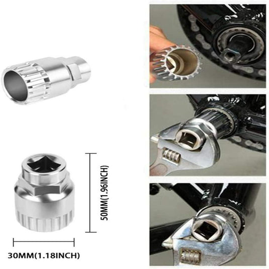 Vier afbeeldingen van een Fietsketting gereedschapset, inclusief close-ups van het gebruik als kettingverwijderaar op een fietscrank en weergegeven afmetingen.