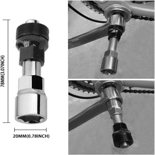 Tweedelige afbeelding met links een Fietsketting-gereedschapsset en rechts de toepassing ervan op een fietscrankstel.