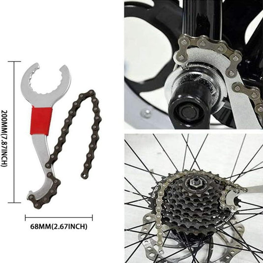 Zin met de productnaam: Afbeelding met een Fietsgereedschapset: alles wat je nodig hebt voor een soepele fietsrit inclusief een kettingzweep en een borgringsleutel naast diagrammen die de maat ervan meten, met een geïnstalleerd voorbeeld op een fietswiel.