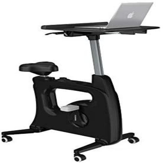 Een zwart Bureaufiets: verhoog je productiviteit en gezondheid bureau met vast zit- en werkblad, voorzien van een laptop.