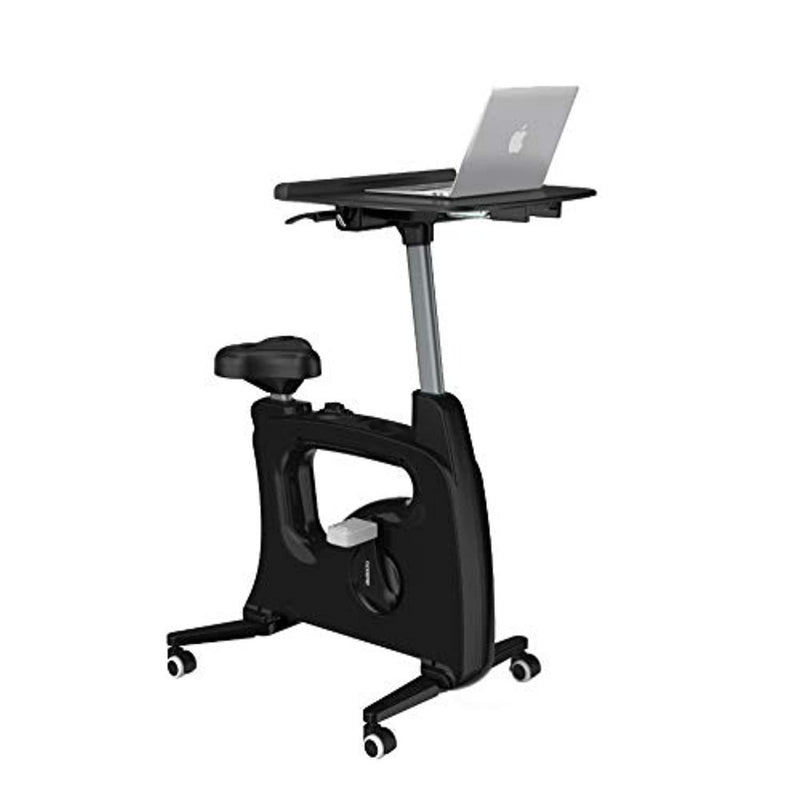 Laad afbeelding in Galerijviewer, Een moderne zwarte verhoog je productiviteit en gezondheid met een aangesloten bureau en laptop, ontworpen voor gelijktijdig werken en sporten ter bevordering van de gezondheid.
