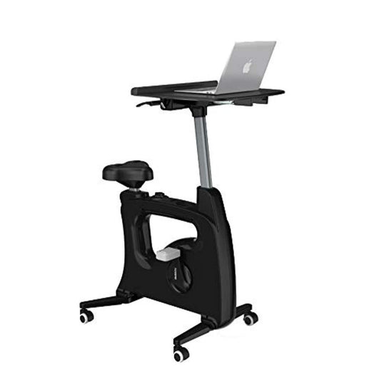 Een moderne zwarte verhoog je productiviteit en gezondheid met een aangesloten bureau en laptop, ontworpen voor gelijktijdig werken en sporten ter bevordering van de gezondheid.