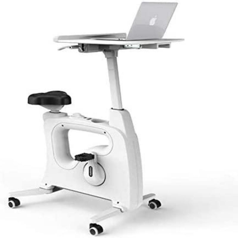 Laad afbeelding in Galerijviewer, Een moderne witte Bureaufiets: verhoog je productiviteit en gezondheid met een vast bureau en laptop, voorzien van verstelbare onderdelen en wielen.
