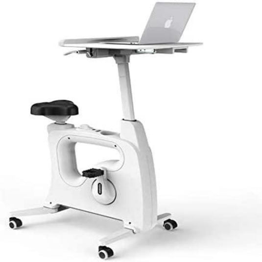 Een moderne witte Bureaufiets: verhoog je productiviteit en gezondheid met een vast bureau en laptop, voorzien van verstelbare onderdelen en wielen.