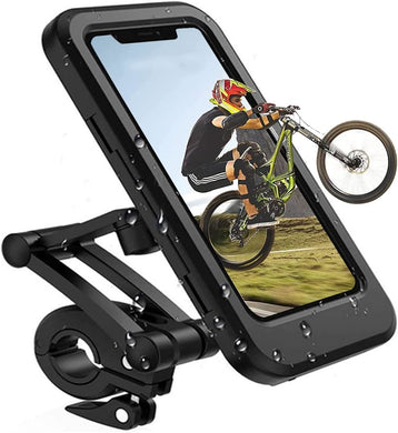 Decoratieve mobiele telefoonhouder voor alle smartphones gemonteerd op een fietsstuur met een actieafbeelding van een mountainbiker in de lucht.