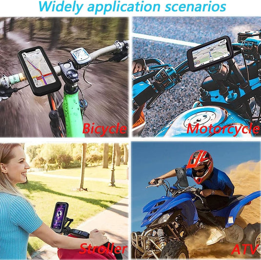 Collage van vier afbeeldingen met een mobiele telefoonhouder voor alle smartphones die worden gebruikt op een fiets, motorfiets, kinderwagen en ATV, gelabeld met elk voertuigtype.