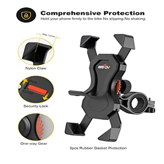 De ultieme stevige fiets telefoonhouder voor veilig fietsplezier bevat een nylon klauw, veiligheidsslot, eenrichtingsversnelling, 360° rotatie en universele compatibiliteit. Het wordt geleverd met drie rubberen pakkingen om ervoor te zorgen dat uw telefoon veilig blijft tijdens elke rit.