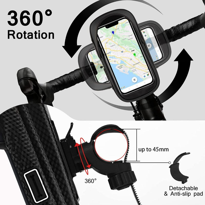 Laad afbeelding in Galerijviewer, Een fietstelefoonhouder met waterdichte bescherming en opbergruimte voor telefoons tot 7 inch gemonteerd op een fiets met een 360-graden rotatiefunctie en anti-slip pad.
