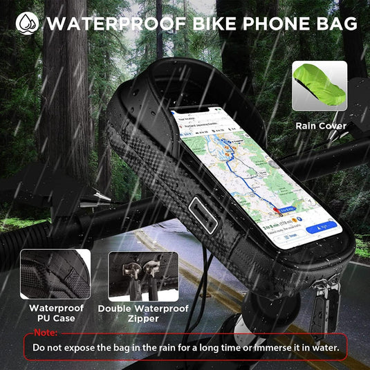 Een Fietstelefoonhouder met waterdichte bescherming en opbergruimte voor telefoons tot 7 inch gemonteerd op een fietsstuur met een extra regenhoes, geadverteerd als zijnde voorz.