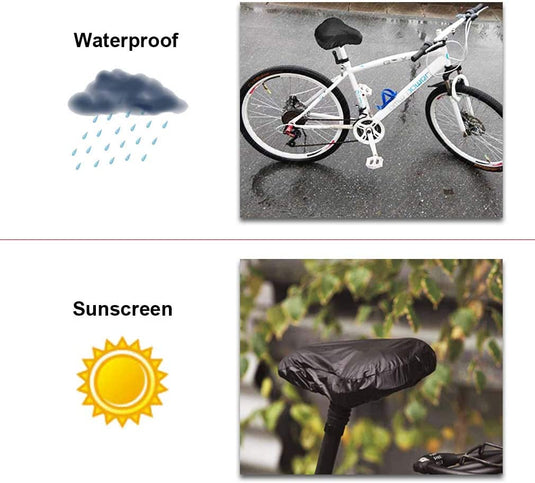 Zin met productnaam: Twee afbeeldingen die de kenmerken van een zadelhoes demonstreren: bovenste afbeelding toont een overdekte fiets onder regen, met het opschrift "waterdicht"; onderste afbeelding focust op een zadelhoes onder zonlicht, met het opschrift "zonnebrandcrème".
