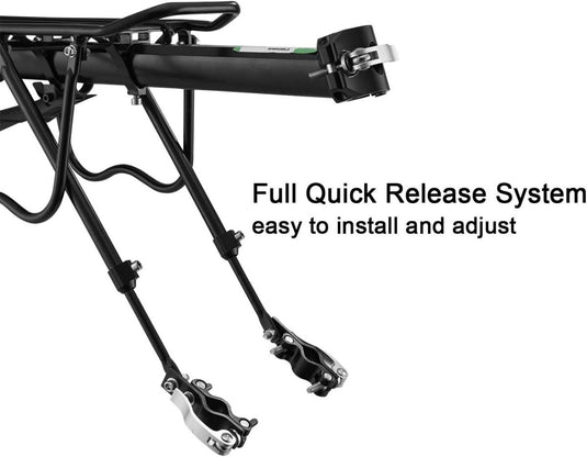 Close-up van onze efficiënte en betrouwbare fietsbagagedrager, voorzien van een volledig snelontgrendelingssysteem met verstelbare beugels en stangen. Tekst luidt: