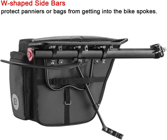 Ontdek de ultieme fietsbagagedrager voor mountainbike met een paar bevestigde fietstassen en w-vormige zijstangen om interferentie met de spaak te voorkomen, ontworpen voor universele compatibiliteit, inclusief mountainbikes.