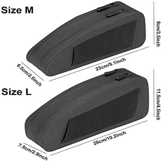 Ontdek de waterdichte herenfiets frametas in het zwart, verkrijgbaar in M (23cm x 9cm x 6.5cm) en L (26cm x 11.5cm x 7.5cm), gemaakt van duurzaam 840D nylon TPU-materiaal met ritsen en mesh-vakken - perfect om je spullen veilig en droog te houden tijdens het fietsen!.