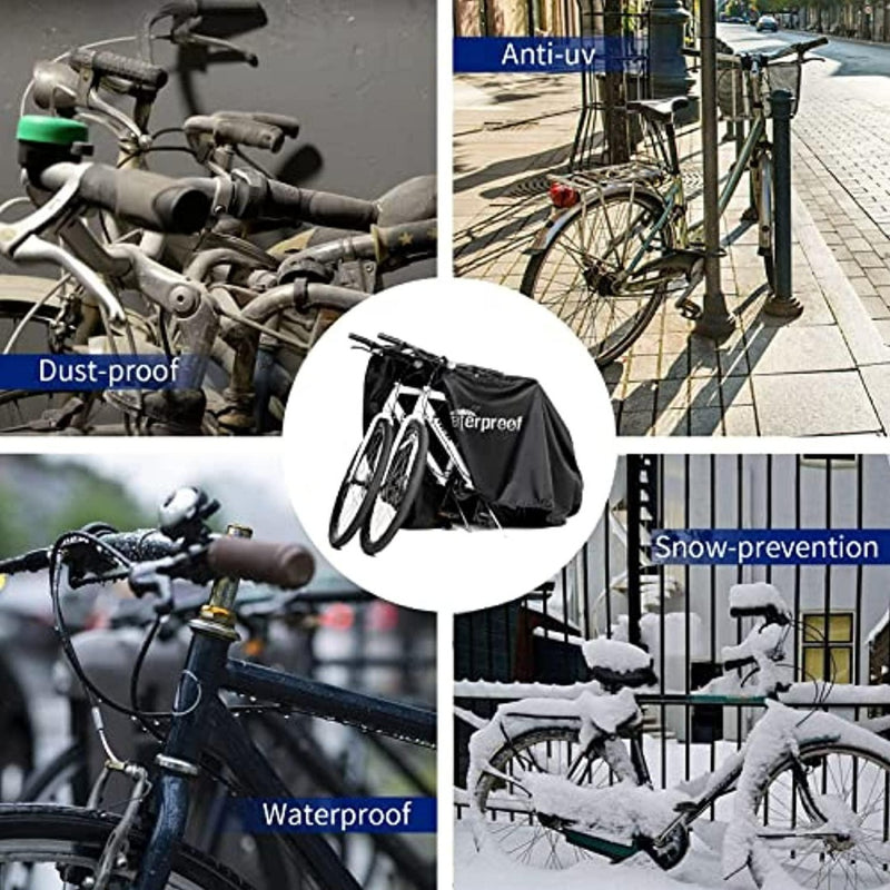 Laad afbeelding in Galerijviewer, Collage met de stofdichte, anti-UV, waterdichte en sneeuwwerende eigenschappen van een weerbestendig fietshoes in verschillende instellingen met een universele pasvorm.
