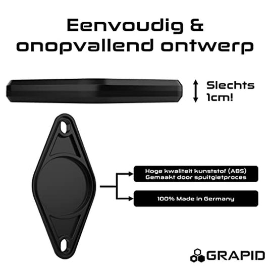 De Bescherm je fiets met de AirTag diefstalbeveiligingshouder is een discreet, slank zwart apparaat gemaakt van gegoten ABS-kunststof, met een dikte van 1 cm. Dit accessoire is 100% made in Germany.
