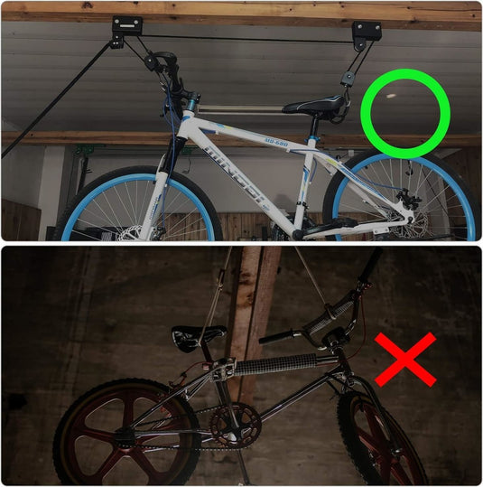 Top: Ontdek onze fietslift gebruikt met fietsen correct opgehangen hangend aan een rek. Onder: verkeerd opgeslagen fiets, hangend aan het wiel.