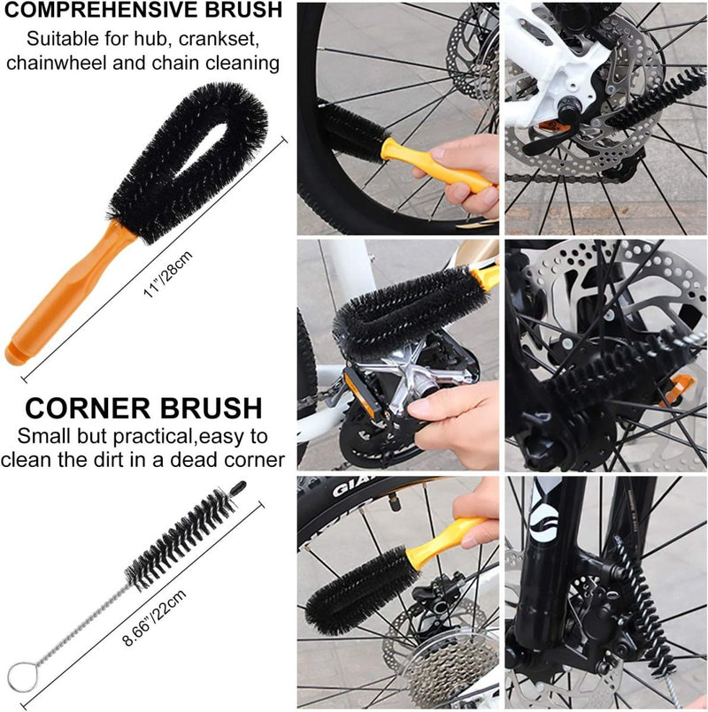 Laad afbeelding in Galerijviewer, Een collage die verschillende duurzame borstels toont, ontworpen voor de reiniging van verschillende onderdelen van een fiets, inclusief de 10-delige fiets schoonmaakset.
