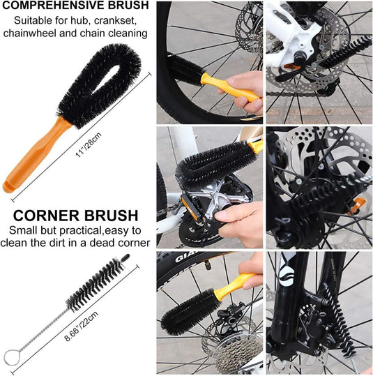 Een collage die verschillende duurzame borstels toont, ontworpen voor de reiniging van verschillende onderdelen van een fiets, inclusief de 10-delige fiets schoonmaakset.