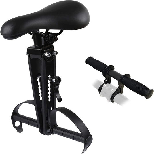 Het Veilig en comfortabel stangzadel voor kinderen is een zwart verstelbaar fietszadel en stuurset voor hometrainers, voorzien van stuurmontage, ondersteunende voetsteunen en stevige beugels.