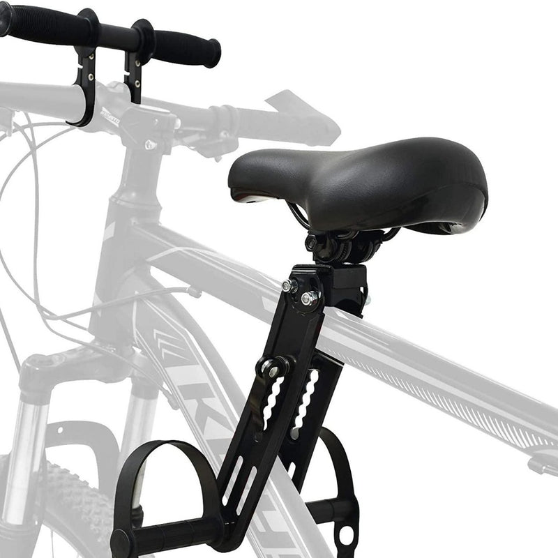 Laad afbeelding in Galerijviewer, Close-up van een fiets met een deel van het frame, het stuur en een Veilig en comfortabel stangzadel voor kinderen op een verende paal, met een witte achtergrond.
