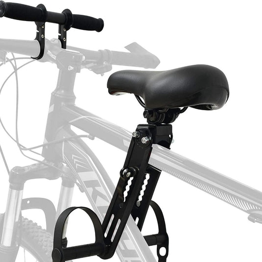 Close-up van een fiets met een deel van het frame, het stuur en een Veilig en comfortabel stangzadel voor kinderen op een verende paal, met een witte achtergrond.