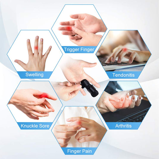 Diagram met verschillende handaandoeningen zoals zwelling, hamervinger, tendinitis, knokkelpijn, artritis en vingerpijn, met representatieve afbeeldingen van Beste vingerspalk voor herstel en verlichting.